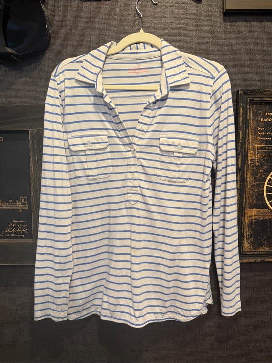 Vineyard Vines Tops - Vineyard Vines White and Light Blue Striped Long Sleeve Polo